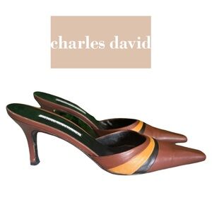 Charles David Size 7.5 Leather Y2k 2000s Brown Striped Mules